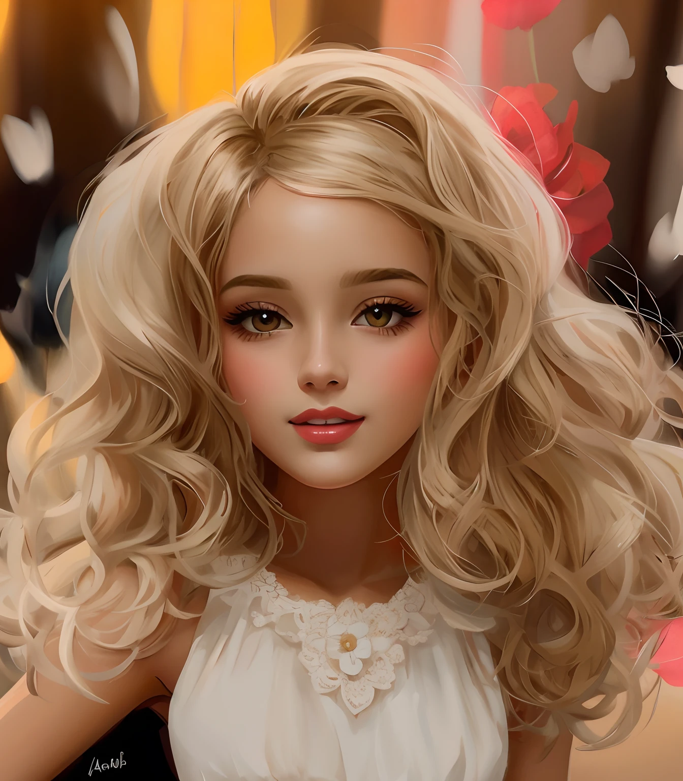 Puppe mit blonden Haaren, die ein weißes Kleid und eine Halskette trägt und lächelt, wunderschöne digitale Malerei, malerei digital bezaubernd, Digitale Malerei schön, realistische Malerei von schön, atemberaubende digitale Illustration, schöne digitale Illustration, helle digitale Malerei, arte de Cartoon-Digitalmalerei, Cartoon-Digitalmalerei, schöne schöne digitale Kunst, wunderschöne digitale Kunst, bela arte digital, atemberaubende digitale Malerei, bela arte digital, sehr schöne digitale Kunst