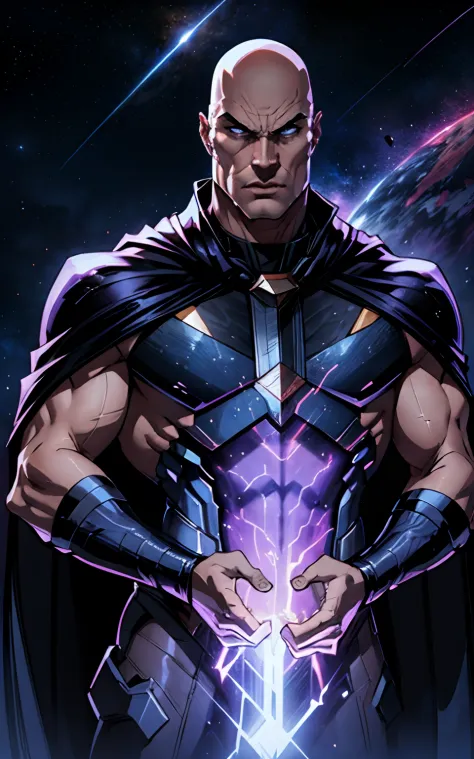 man, male focus, stunning angry , bald,  cape, nebula space background, volumetric light, upper body, muscle, muscular, fantasy, dynamic angle, dynamic pose