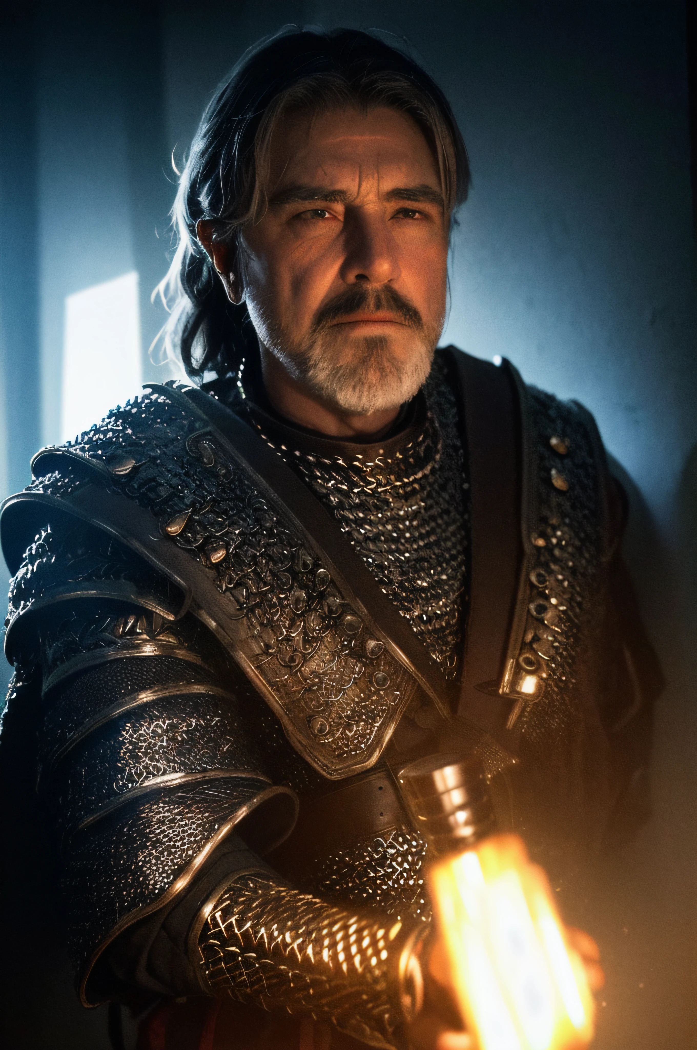 Raw, cinematic shot, (sharp focus:1.5), (photorealistic:1.2), 1boy, medium portrait of (a weary-looking but still proud and fierce-looking old Viking warrior, now the leader of his village, dressed in elaborately detailed chain mail and leather armour, a few torches burn on the walls, giving the scene a dark atmosphere but sculpting the forms in sharp chiaroscuro), it is night time, dark lighting, twilight lighting, volumetric lighting,