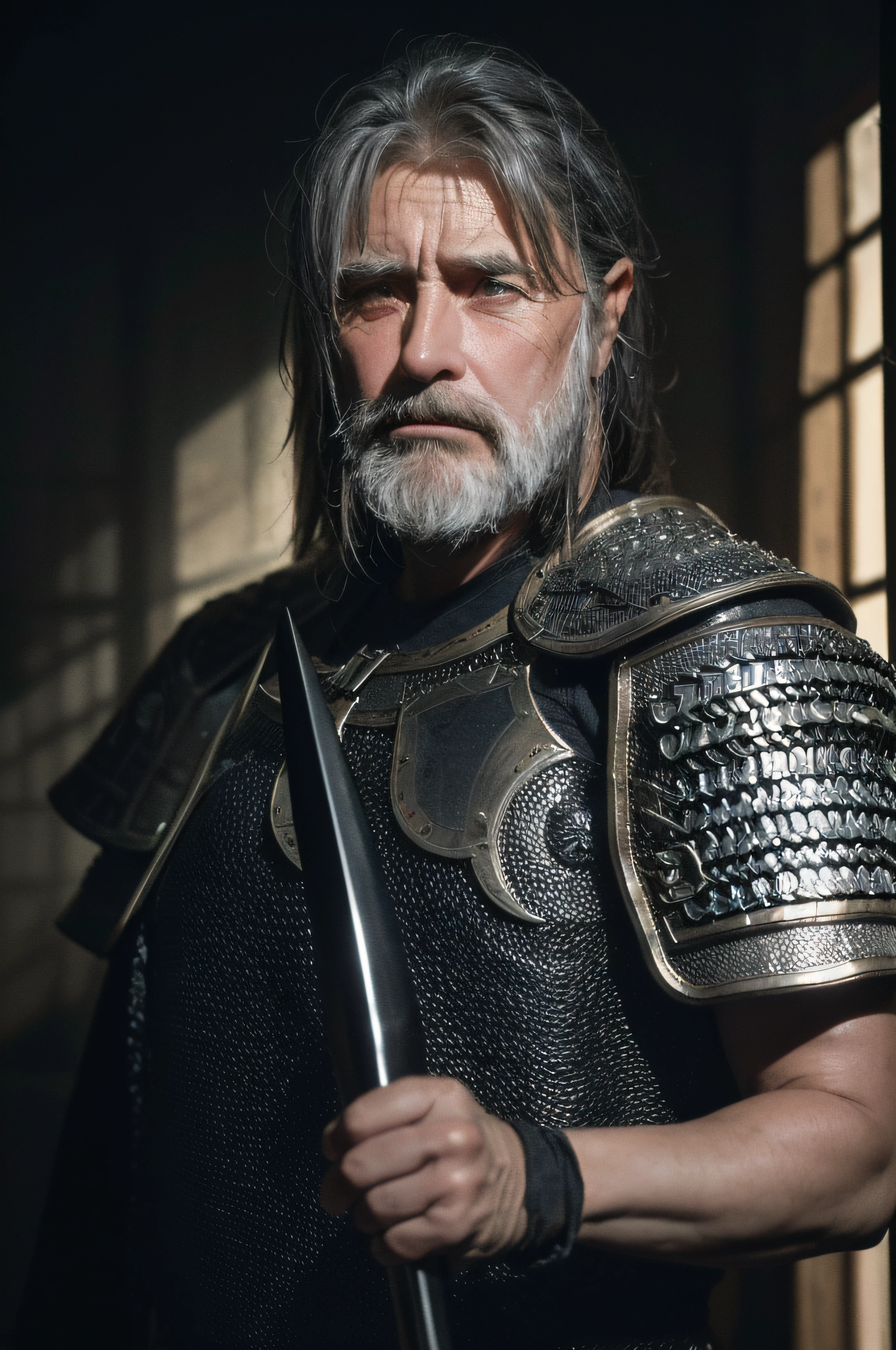 Raw, cinematic shot, (sharp focus:1.5), (photorealistic:1.2), 1boy, medium portrait of (a weary-looking but still proud and fierce-looking old Viking warrior, now the leader of his village, dressed in elaborately detailed chain mail and leather armour, a few torches burn on the walls, giving the scene a dark atmosphere but sculpting the forms in sharp chiaroscuro), it is night time, dark lighting, twilight lighting, volumetric lighting,