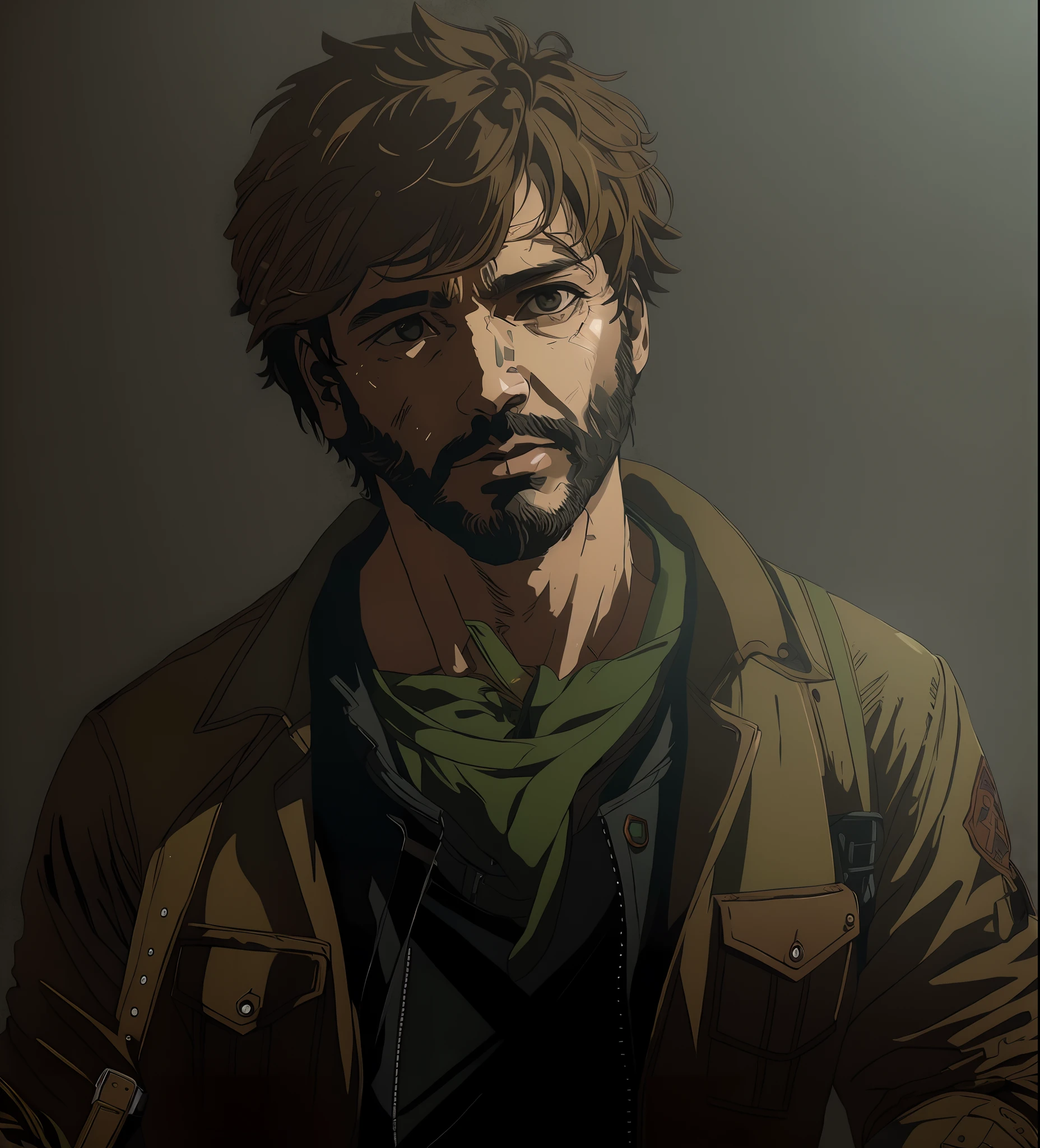 imagem arrapada de um homem com barba e jaqueta, Graham Will, Keanu Reevez em Disco Elysium, Personagem Disco Elysium, Luscious ) In The Last of Us, arte de fundo, estilo de arte death stranding, In The Last of Us, Arte do disco elysium, arte do perfil do personagem, Retrato de Eren Yeager, render cachorro