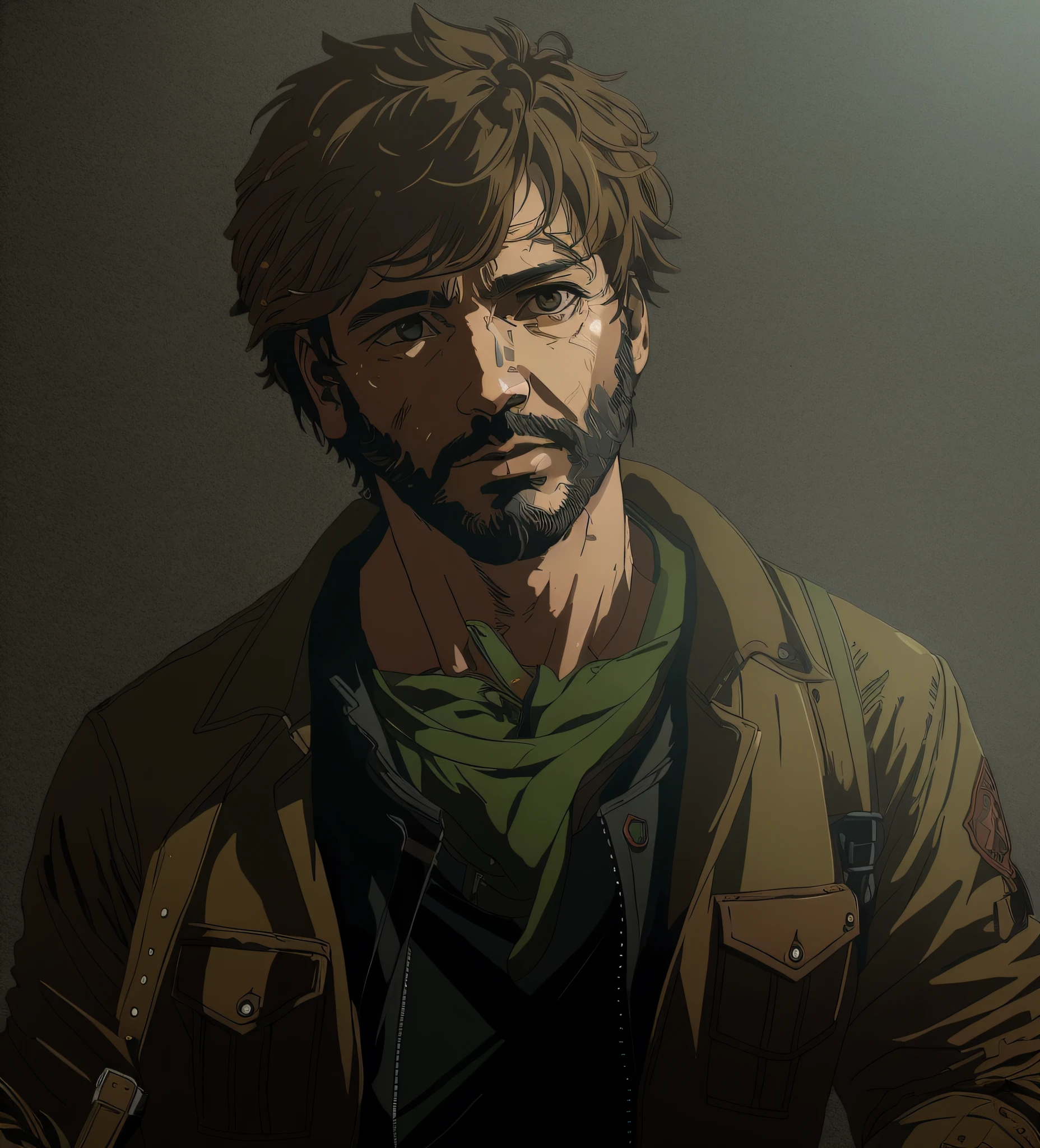 imagen rasgada de un hombre con barba y chaqueta, Graham Will, Keanu Reeves en Disco Elysium, Personaje de discoteca Elysium, Delicioso ) En el último de nosotros, fondo de arte, estilo de arte Death Stranding, En el último de nosotros, Arte de Disco Elysium, arte del perfil del personaje, Retrato de Eren Yeager, hacer perro