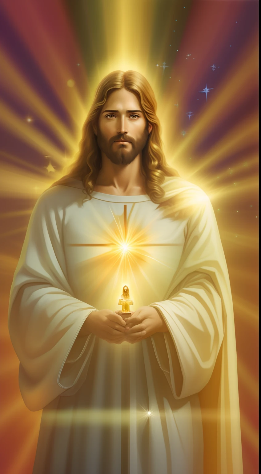 jesus holding a star in his hands, glowing holy aura, holy sacred light rays, jesus christ, glowing god rays, bright light masterpiece, light of god, holy rays of spiritual light, divine light, tron legacy jesus christ, jesus of nazareth, visible holy aura, spiritual light, holy light, portrait of jesus christ, glorious supernatural power, holy energy