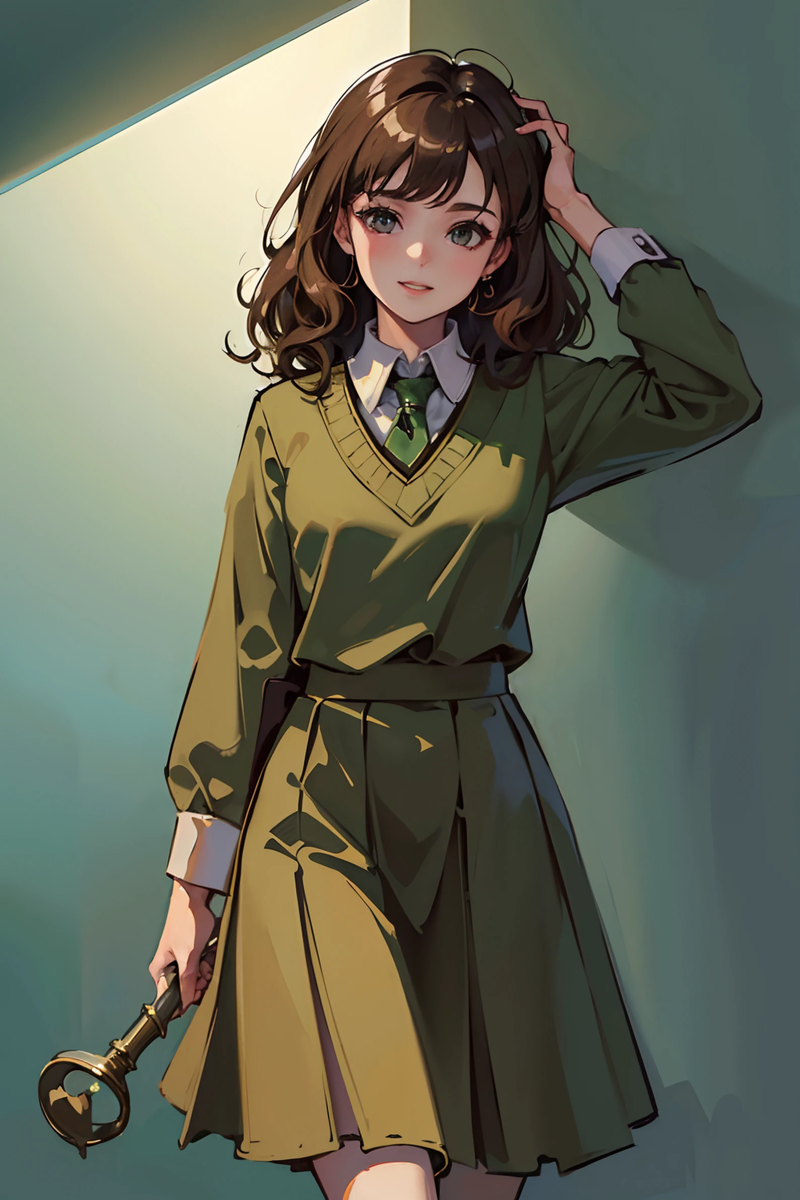 (highres, best quality:1.2), radiance, soft contours, beautiful drawing,  (masterpiece), Hogwarts uniform, slytherin, green school dress