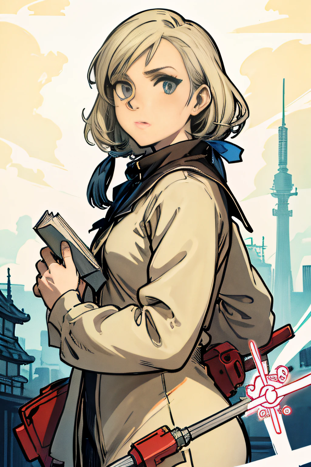 Anime character with gun and book in hand, Kantai Collection Style, Female protagonist 👀 :8, Official art, Full Color Manga Cover, manga cover style, official artwork, cushart krenz key art feminine, Light Novel Cover Art, by Kamisaka Sekka, full color illustration, Manga cover, last exile, digital anime illustration