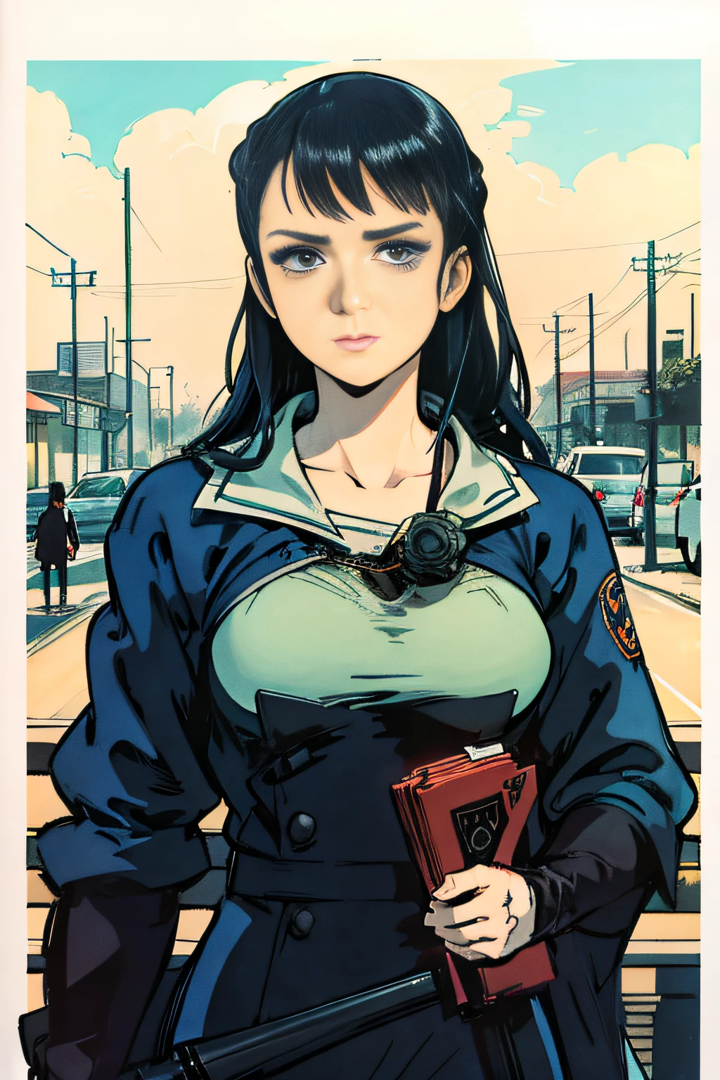 Personnage d&#39;anime avec livre et pistolet à la main, style artistique satoshi kon, portrait d&#39;un héros féminin d&#39;anime, Illustration numérique d’anime, anime cyberpunk moderne, Par Yoshihiko Wada, par Kose Kanaoka, Makoto Shinkai et Artgerm, par Kamisaka Sekka, Fanart de Marin Kitagawa, anime affiche film encore portrait, fille d&#39;anime rétro