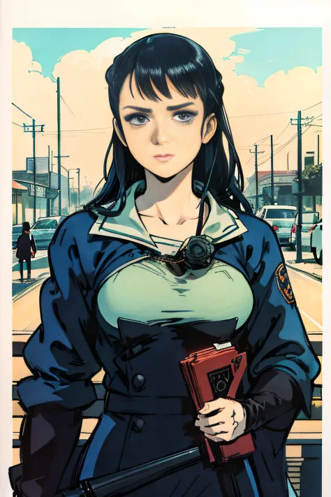 Anime character with book and gun in hand, satoshi kon artstyle, Portrait of a female anime hero, digital anime illustration, mo...