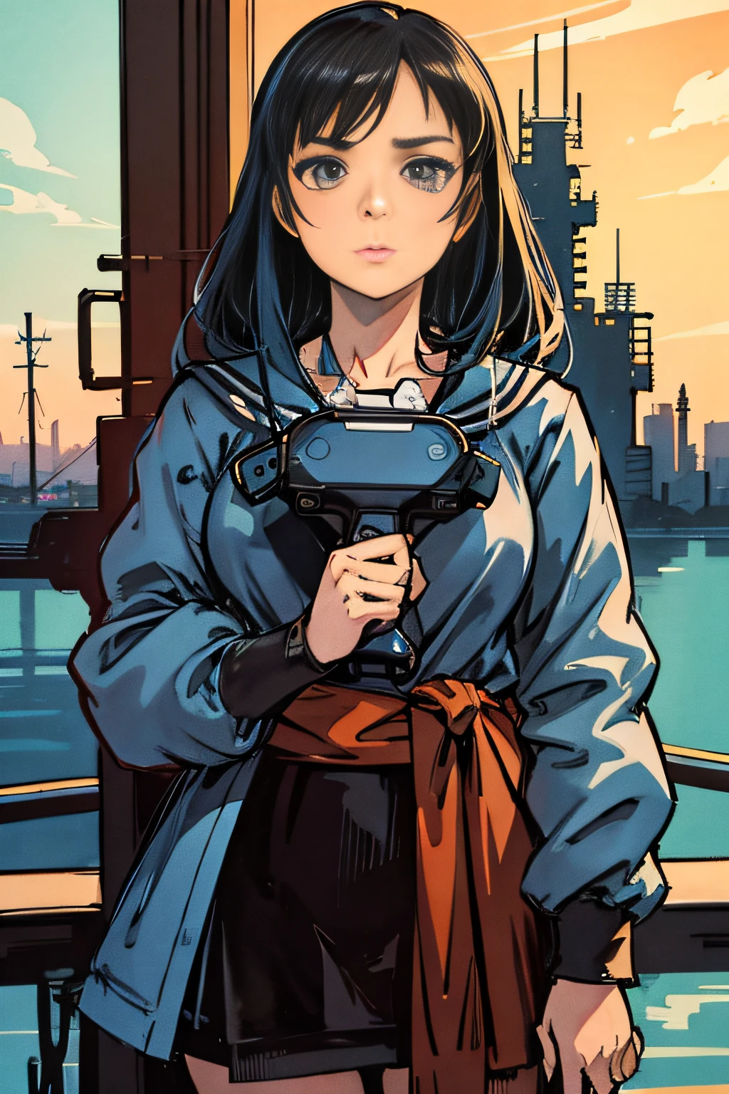 anime girl avec un pistolet à la main, debout devant la fenêtre, Fille d&#39;anime cyberpunk en sweat à capuche, fille animée cyberpunk, anime fille du futur, anime cyberpunk moderne, art animé cyberpunk numérique, art animé cyberpunk, Mecha de fille d&#39;anime cyberpunk, fille anime cyberpunk féminine, Fille marchande cyborg, cyberpunk numérique - art anime, art cyberpunk animé