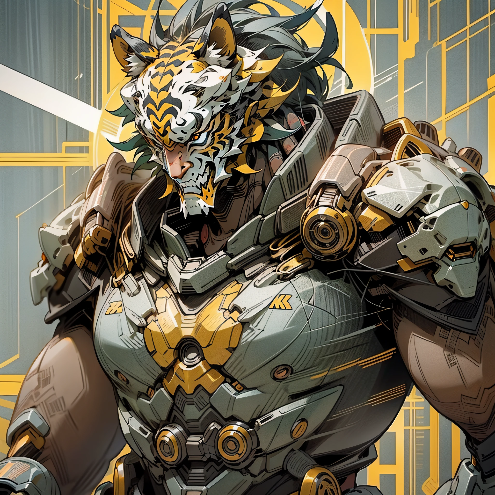 (Masterpiece) A tiger mask in antique armor, (fine facial details) pedestrian warrior, weapon in hand, cyberpunk style color scheme, ((intricate detail, super detailed)) 8K.