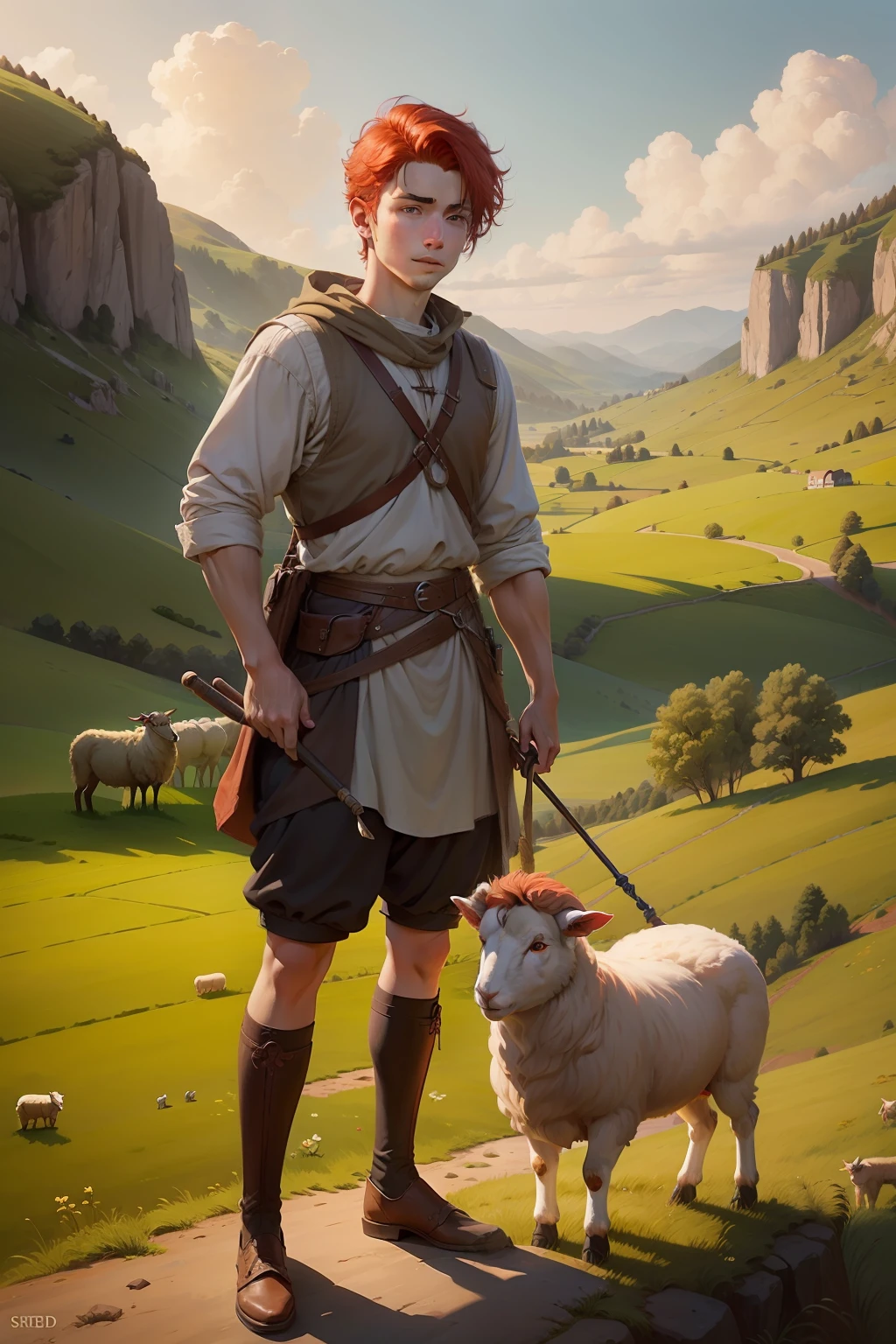 a young shepherd boy, red-haired sheep shepherd boy, with a staff in his hands, taking care of sheep, countryside background scenery, evening lighting, children's digital drawing, super realistic