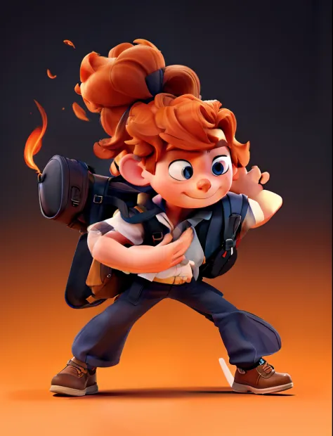"Keep the colors unchanged, preserve his facial features. Imagine a boy with orange hair, without a nose. He is carrying a backpack that has a mysterious secret,It is full of smoke,he has a very serious face,in black background
