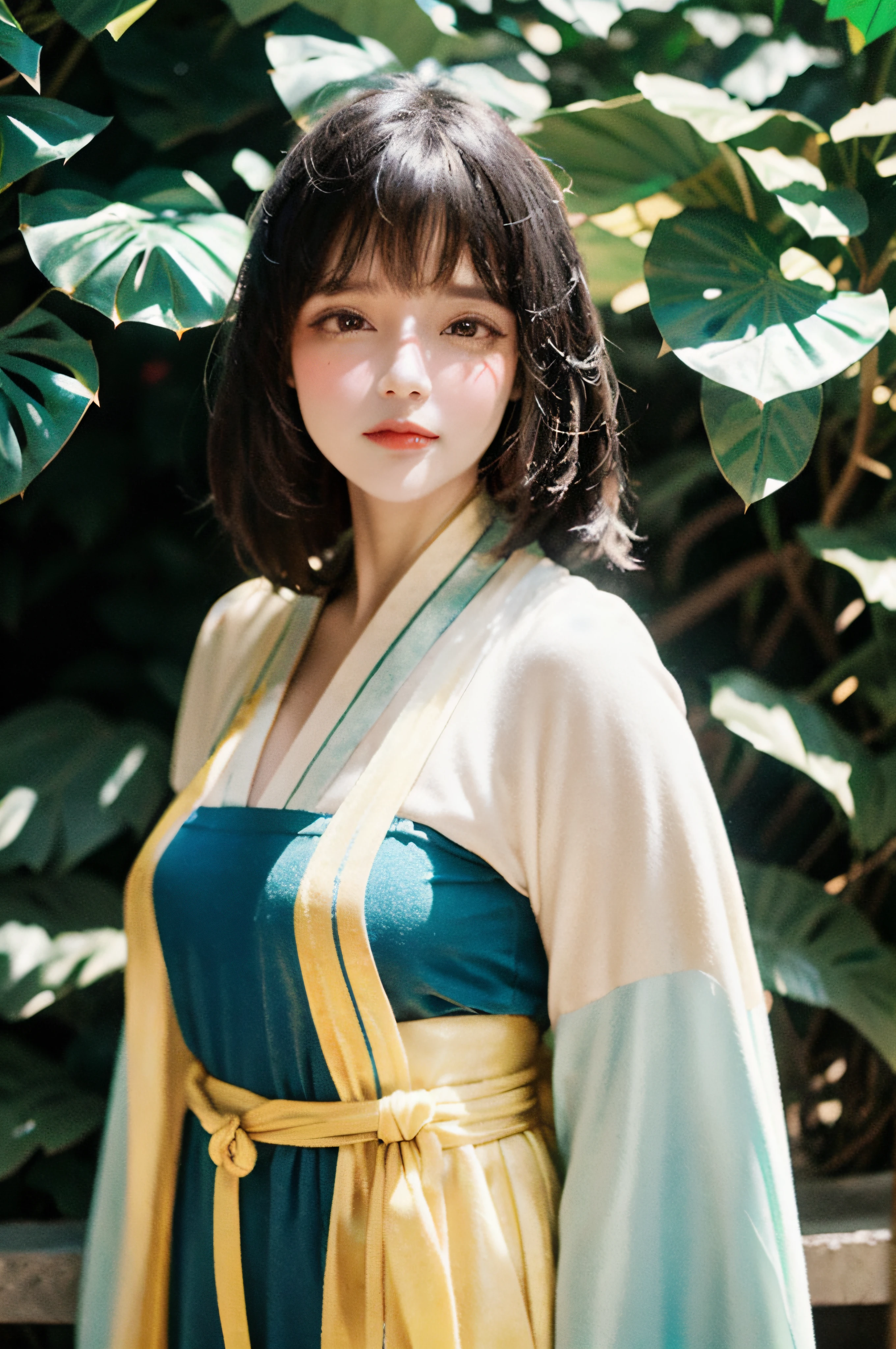 faceRAW, 1 Girl, upper_body, Dynamic Angle,messy_long_hair, Cinematic Light, lens_flare, blue Clothes, Hanfu, Fan, Gold leaf, Monstera,