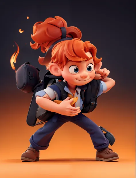 "Keep the colors unchanged, preserve his facial features. Imagine a boy with orange hair, without a nose. He is carrying a backpack that has a mysterious secret,It is full of smoke,he has a very serious face,in black background,A lot of fire,correct his ha...