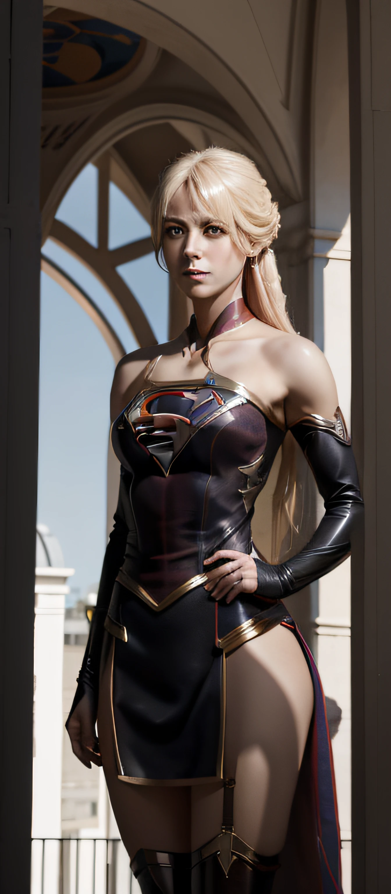 "Supergirl masterpiece complete, high qualiy, ultra detailed in 4k, 8K, high resolution, Hyper-realistic photo, hyper-detailed, realistic black skin texture, incredible shadows, extreme detailed texture, perfect  lighting, High-level image quality." A female superheroine, inspired by x-man, Fair skin, blond hair, outlined blue eyes, outlined face, bracelete, Full body, Nice super hero clothes, in the florest, outside a mansion,  superman symbol S.
