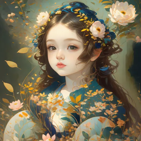 james jane（james jean）a painting，cute female child，flowers and leaves are worn on the head，leonardo da vinci's style，tmasterpiec...