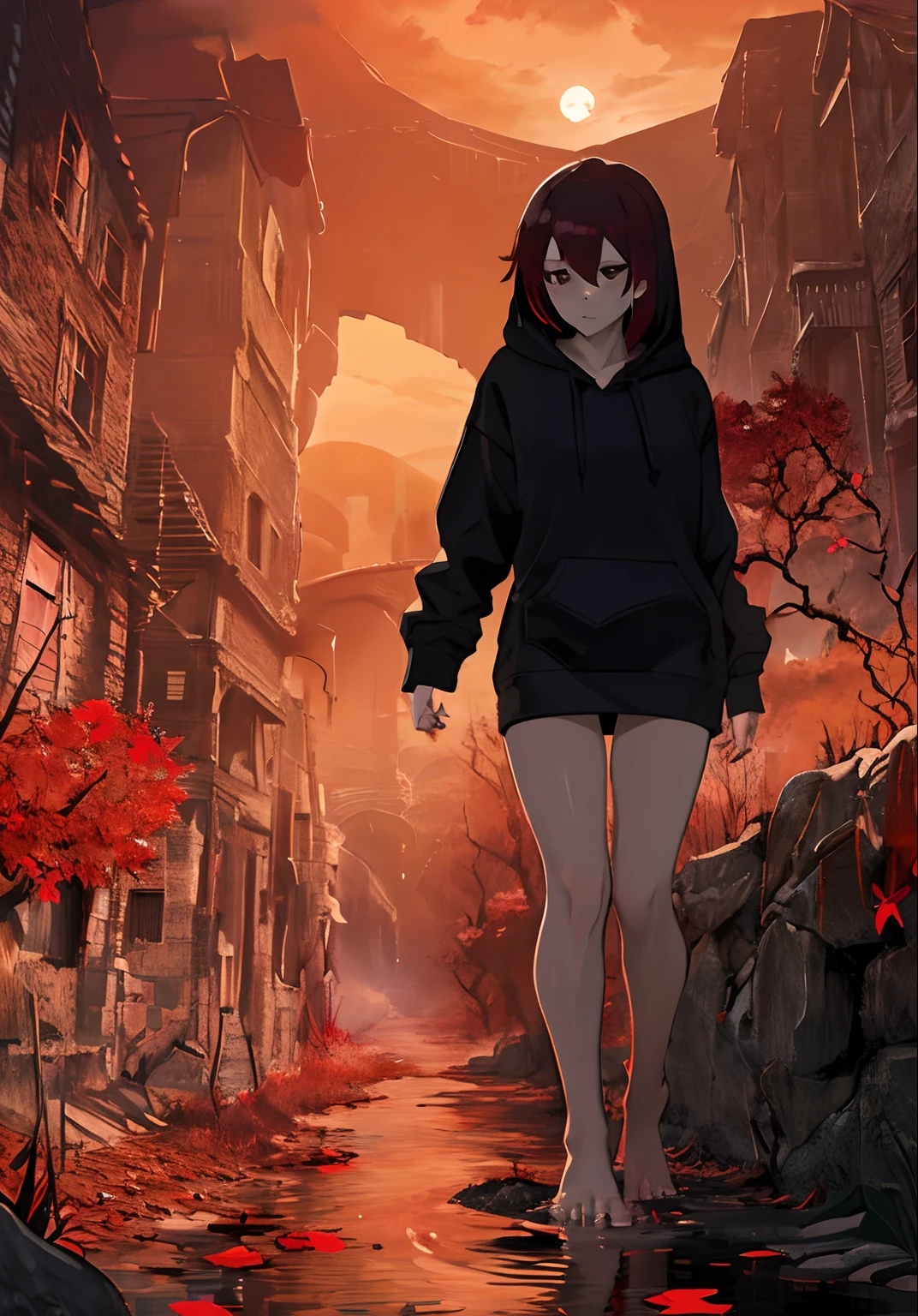 female angel, nude, barefoot, walking on river, hoodie, mountains, red moon, dark red leaves, foggy