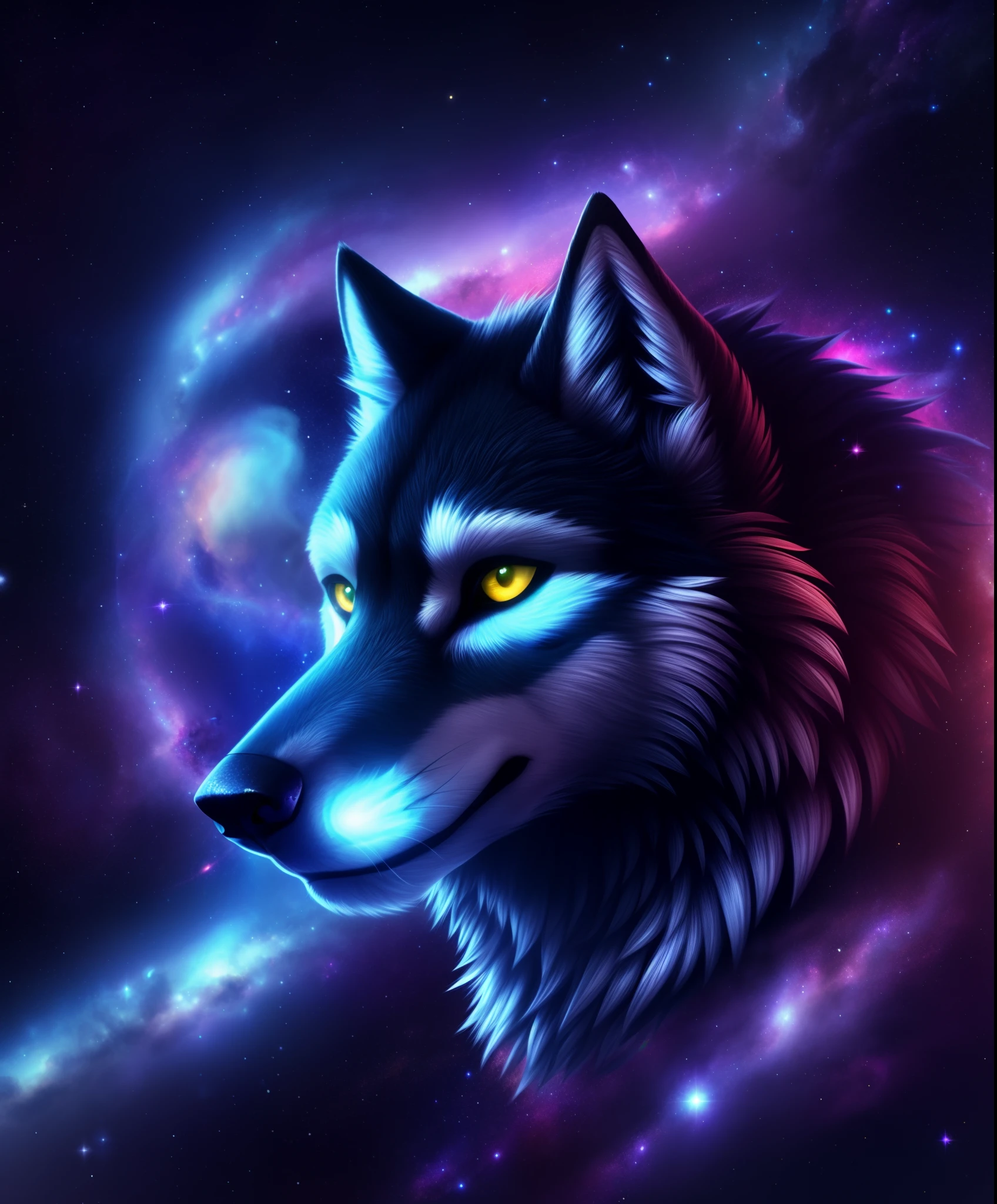 (wolf), Energie, galaxies, Spiralen, Raum, Nebel, Sterne, Rauch, irisierend, komplizierte Details, (in der Gestalt eines Wolfes), octane render, 8k