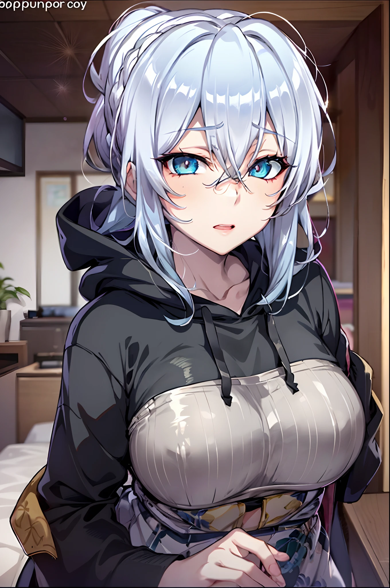 Yukino, one the bed, Silver hair and  eyes in a black hoodie, anime visual of a cute girl, screenshot from the anime film, & her expression is solemn, ahegao face, in the anime film, in an anime, anime visual of a young woman, she has a cute expressive face, still from anime, perfect breast