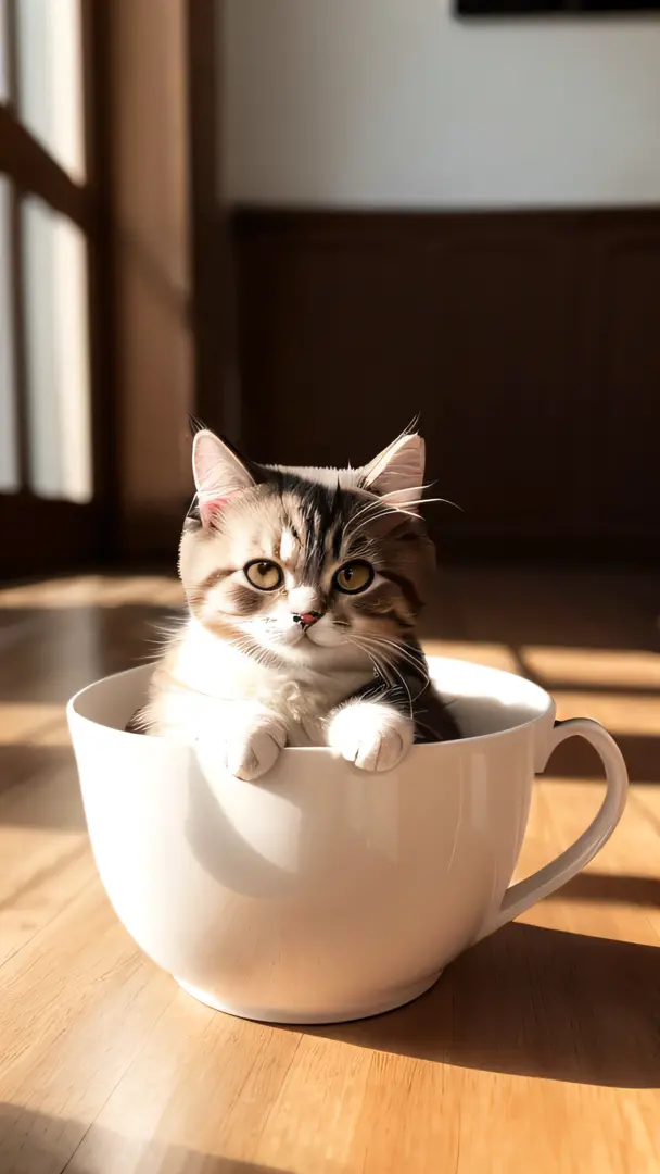 Cat, (Himalayan), (Small)))), in a teacup, Face, Front paws out, 8K, Professional photo, Delicate, Clear, On the table, Inside the house, Sunshine, Light Leak, Masterpiece, ((Pretty))), Fashionable Teacup, (Reality), Plush Toy, Round Pupils