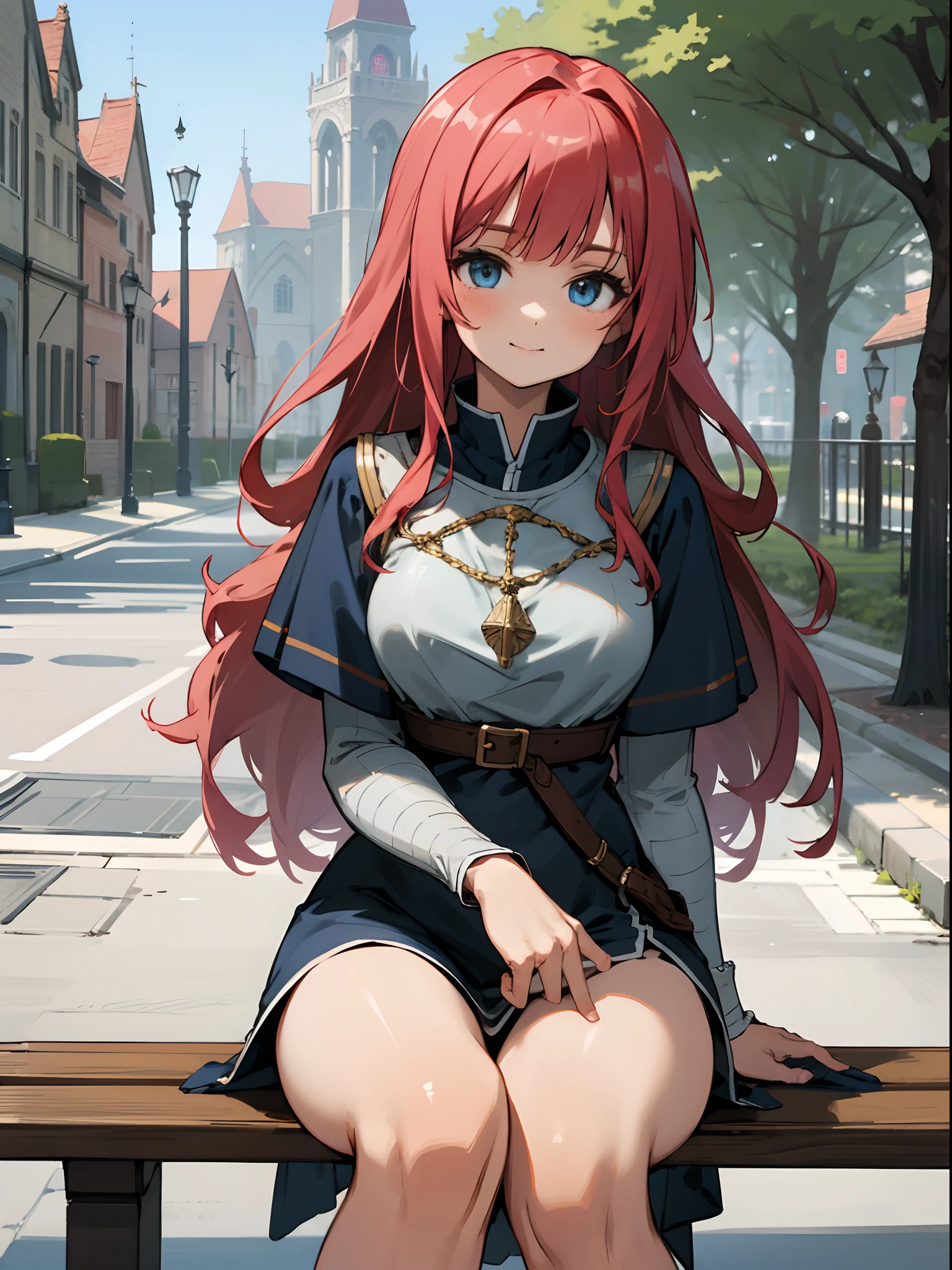 Anime girl sitting on a bench in a city with a clock tower in the  background - SeaArt AI