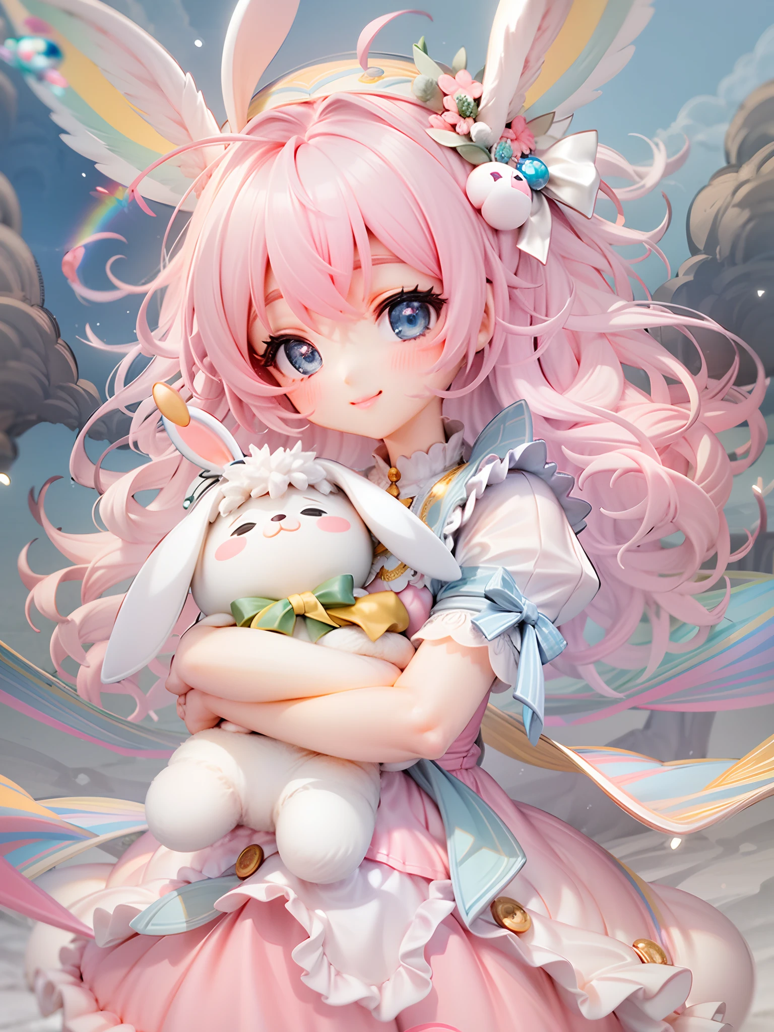 1girl, beautiful eye, smile, bunny girl, youthful, mischievous smile, thin eyebrows, frilly, ribbon-laden dress, pastel pink dress with layers of ruffles, light blue apron tied neatly, large bow at the back, blonde hair, long and curly, bright blue eyes, pose hugging a plush bunny, background of fluffy clouds and rainbows, pink cheeks flushed with delight, long lashes casting delicate shadows, oversized sleeves falling loosely around her wrists, small white bunny ears poking out from her curls, cute little button nose, bunny plush with soft, blue fur-like texture, hints of excitement in her eyes, fluffy tail made of soft white fur, whimsical ribbon headband in light blue holding back her curls, strands of hair glowing subtly with the reflected colors of the surrounding rainbows, ribbons from her dress fluttering in the breeze, puffiness of the pink dress adding a dreamy touch, soft pastel color palette lending a calm and serene atmosphere, playful and gentle expression radiating a sense of innocence and joy, fluffy clouds adding depth and texture to the scene, glimmers of sunlight filtering through the clouds, creating a soft, hazy aura around her, rainbow arching beautifully in the background, adding a touch of whimsy and magic to the composition, scene evoking a feeling of childish wonder and playfulness,