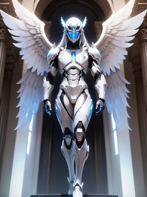 Arch Angel Android in high tech tactical holy armor. He has long, white hair, glowing blue eyes. He is tall and fit. He's standing in front of Greek Architecture that has a radiant light from the heavens. The style is a highly detailed render. He is holdin...