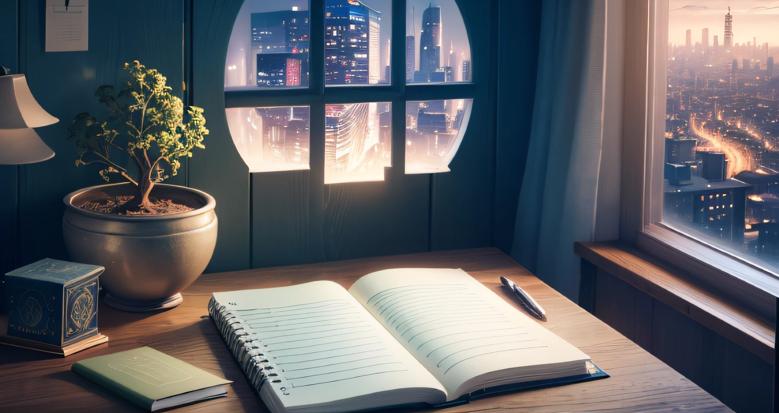 uma imagem de uma cena acolhedora e inspiradora: A concentrated young woman is sitting at a well-lit desk in her bedroom. Ao lado dela, there is a potted verdant plant, adicionando um toque de natureza ao ambiente. A soft lamp projects a warm light onto the desk, highlighting your books and notebooks. Through the window, pode-se ver a cidade brilhando na noite escura, with the twinkling lights of the buildings forming a stunning panorama. This scene captures the serenity of the night and the girl's dedication to her studies.,