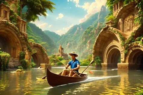 One beautiful boy with one beautiful girl rowing the boat in a golden fountain found  The lost city of gold in golden jungle rea...