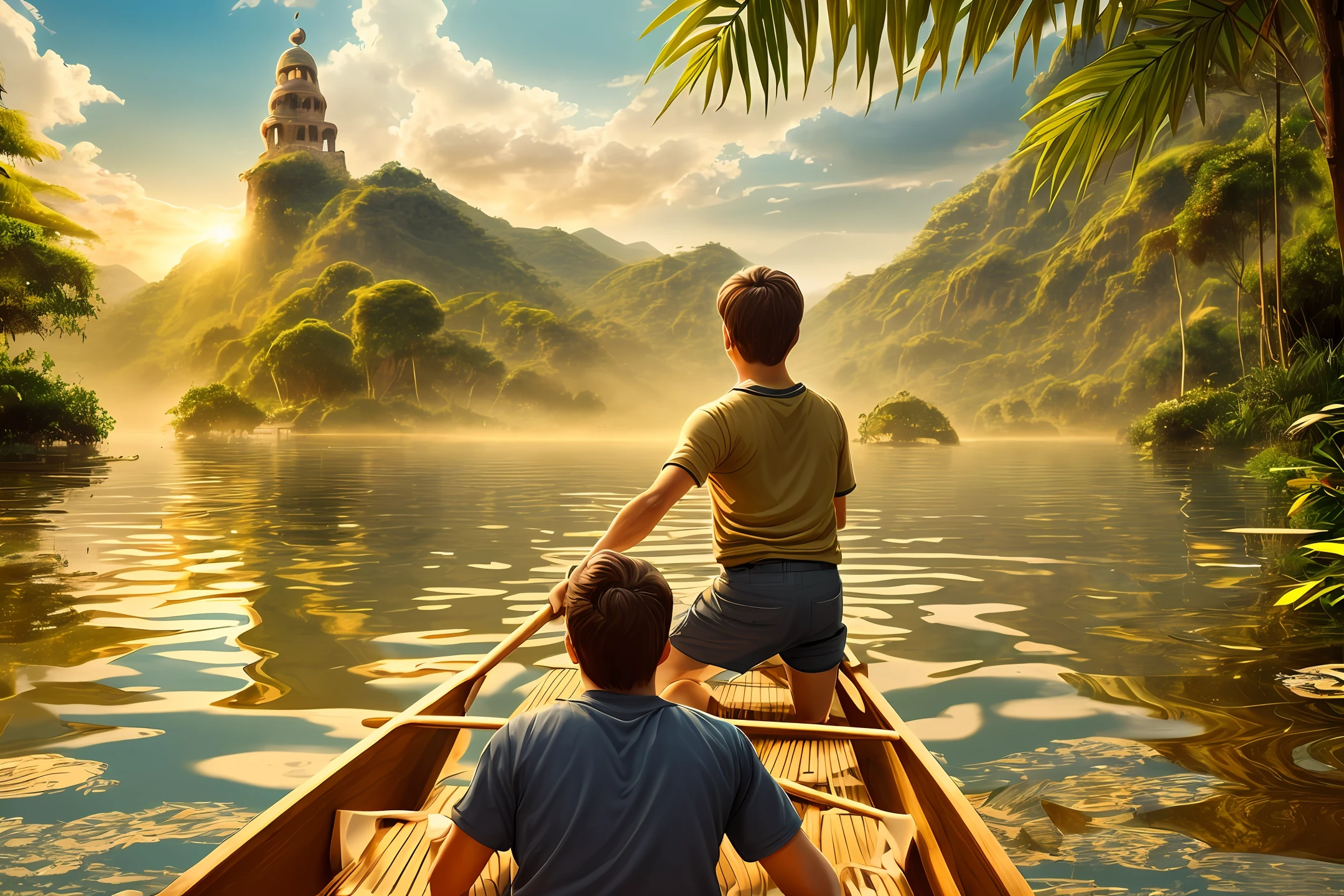 One beautiful boy rowing the boat with only a beautiful girl in golden water found  The lost city of gold in golden jungle realstic , clearity 4k, nostalgic, masterpiece, old time building's & artifacts made of gold,beautiful scenery --auto --s2