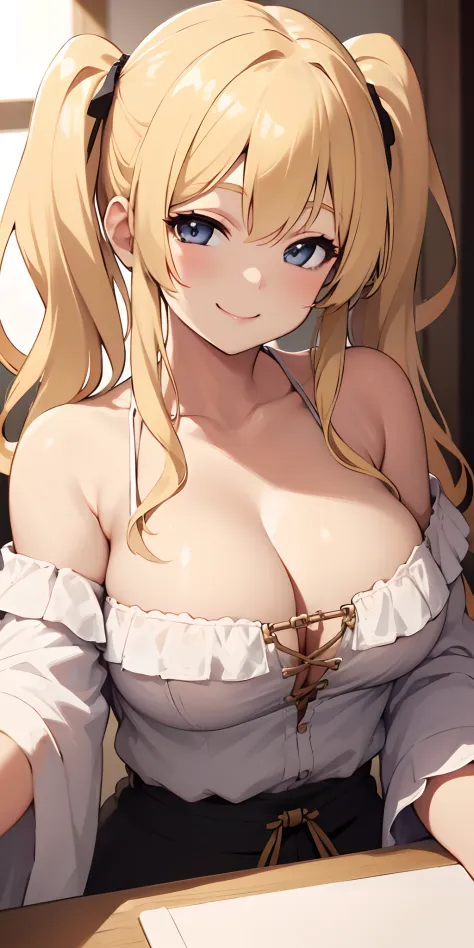 (Best quality:1.3), blonde twintails, large breasts, off shoulder shirt, cleavage, smiling, (pov, close shot)