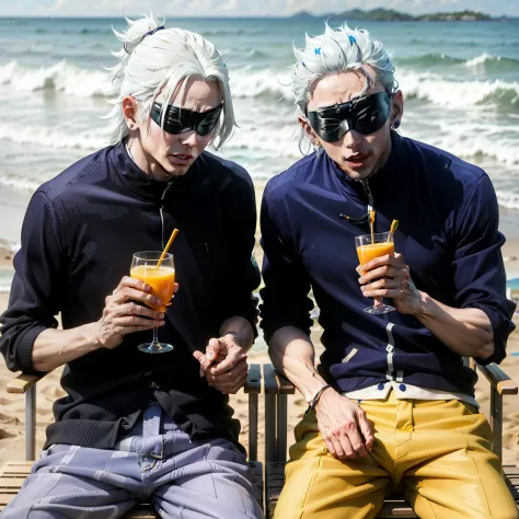 "(2guys) white haired, blindfolded Gojo with Suguru Geto, drinking orange juice by the beach"