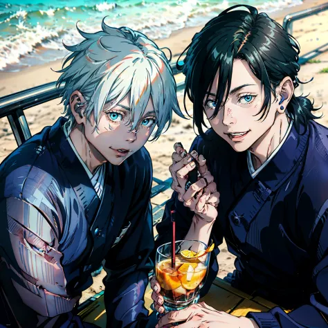 "(2guys) Gojo and suguru geto drinking orange juice by the beach, Gojo has white hair and shining blue eyes, suguru tento had bl...