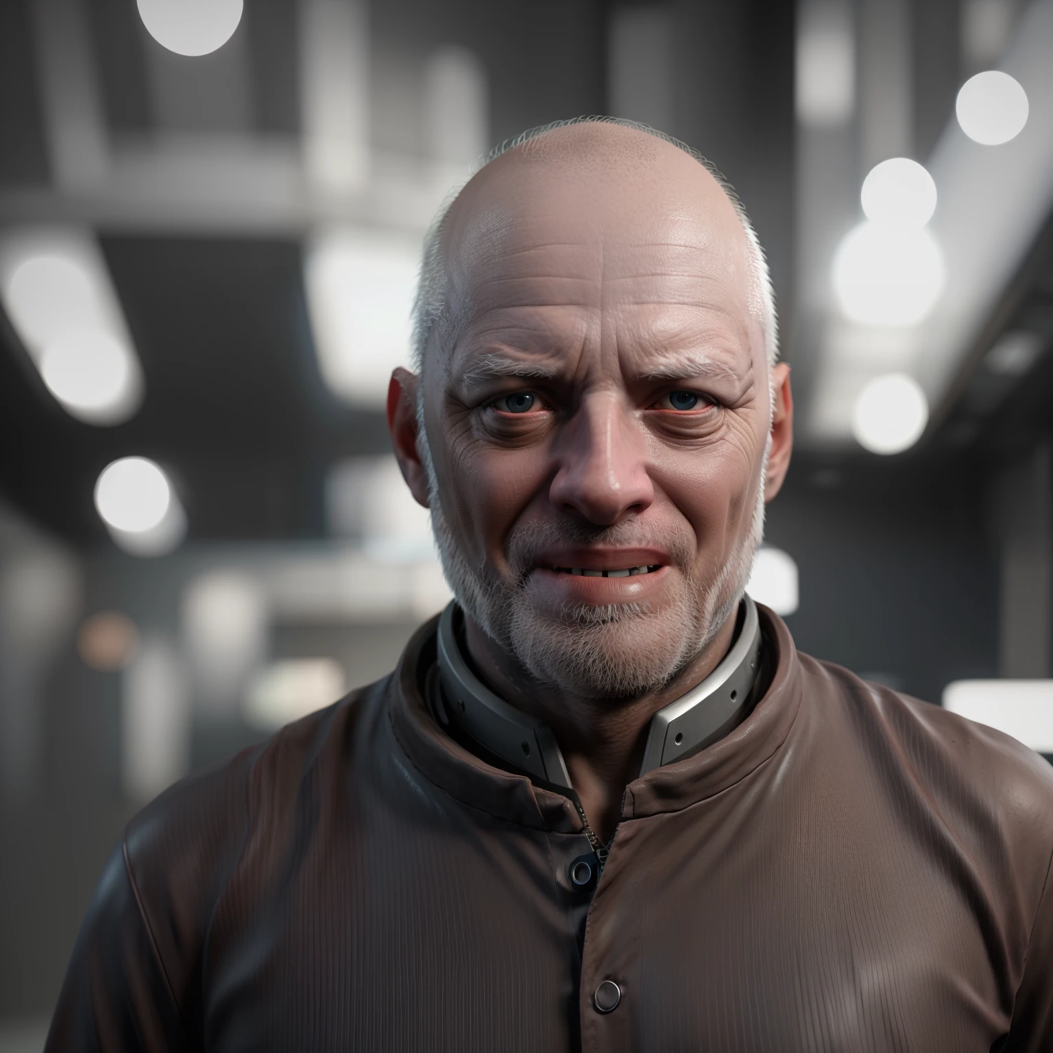 Tem um homem careca e camisa, Renderização de retrato 8k, retrato realista cinematográfico, rosto realista iluminação temperamental, 3 d render arte do caractere 8 k, Retrato VFX altamente detalhado, Personagem pequeno. Motor irreal 5, Velho cyberpunk, Personagem 3d realista, arte do personagem do motor irreal, olhar :: renderização de octano, retrato de busto cinematográfico