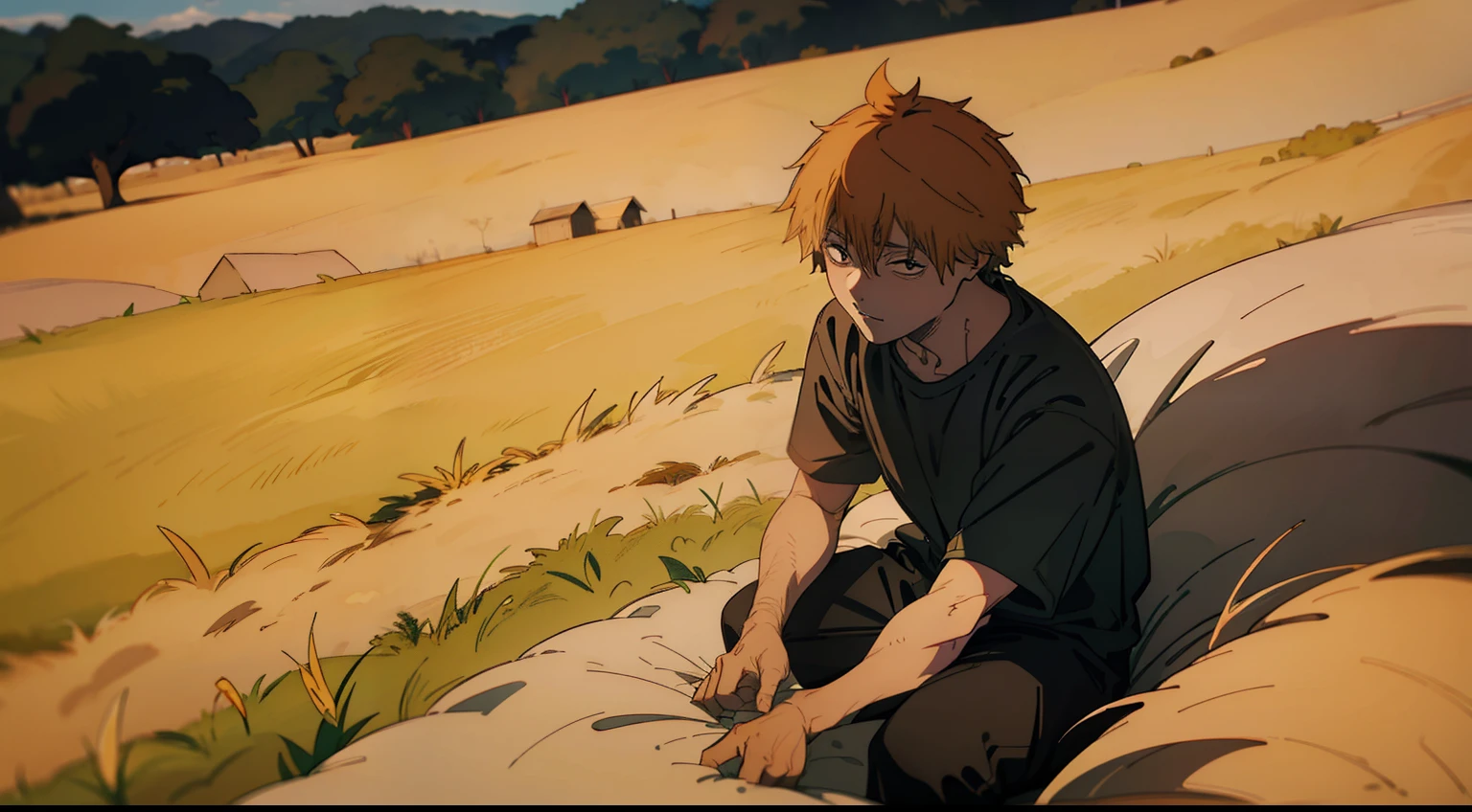 denji with a scared expression in a field