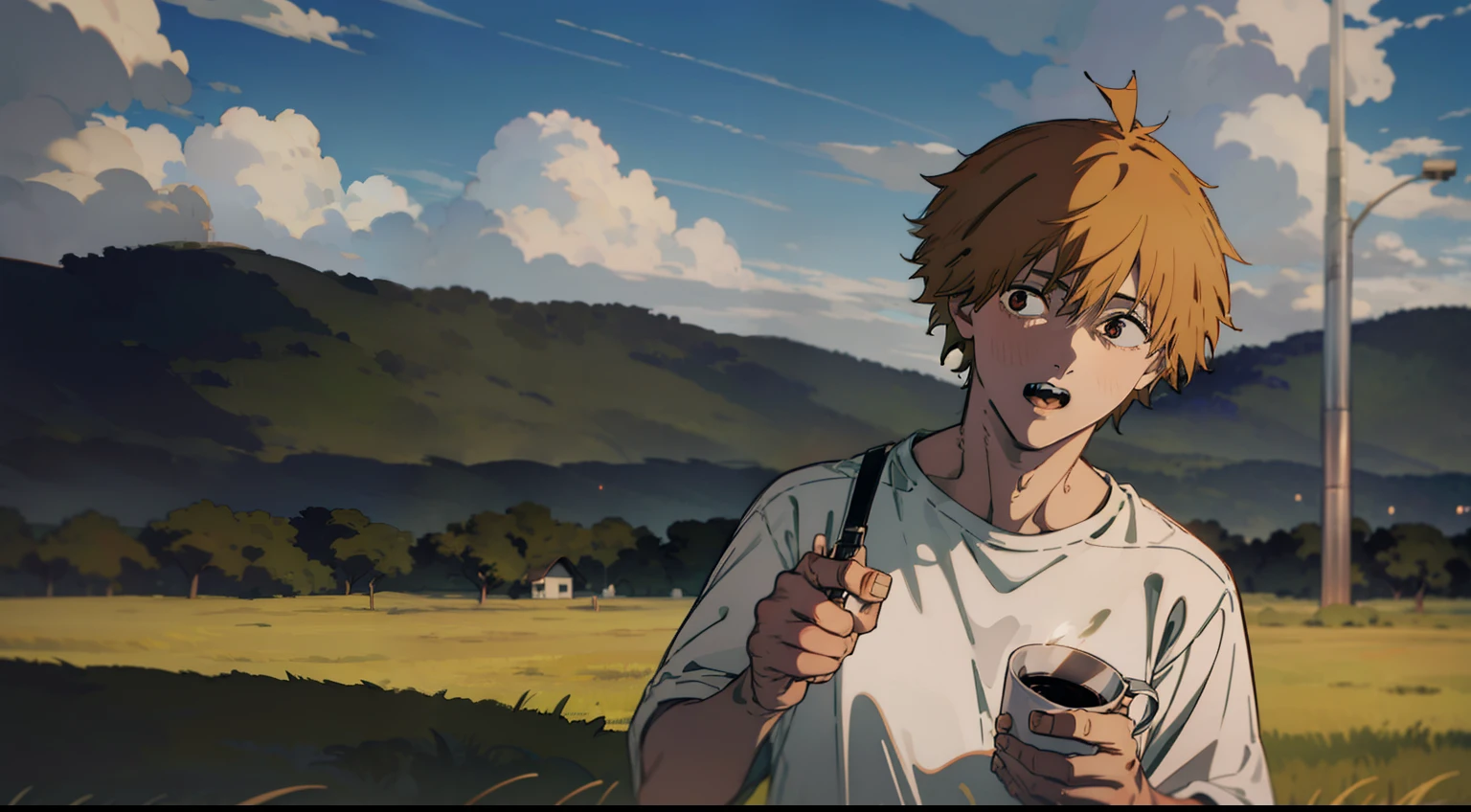 denji with a scared expression in a field