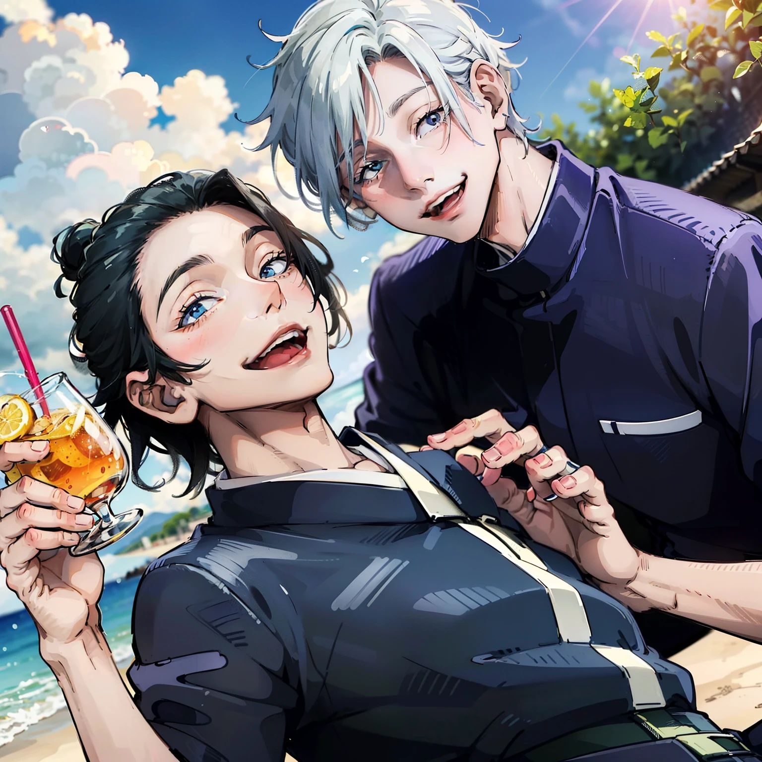 "(2guys) Gojo and Suguru Geto enjoying a refreshing orange juice by the beautiful beach, Gojo's hair is a stunning shade of white, his blue eyes radiating with joy, while Suguru Tento sports sleek black hair. They share laughter and relaxation in this idyllic scene."