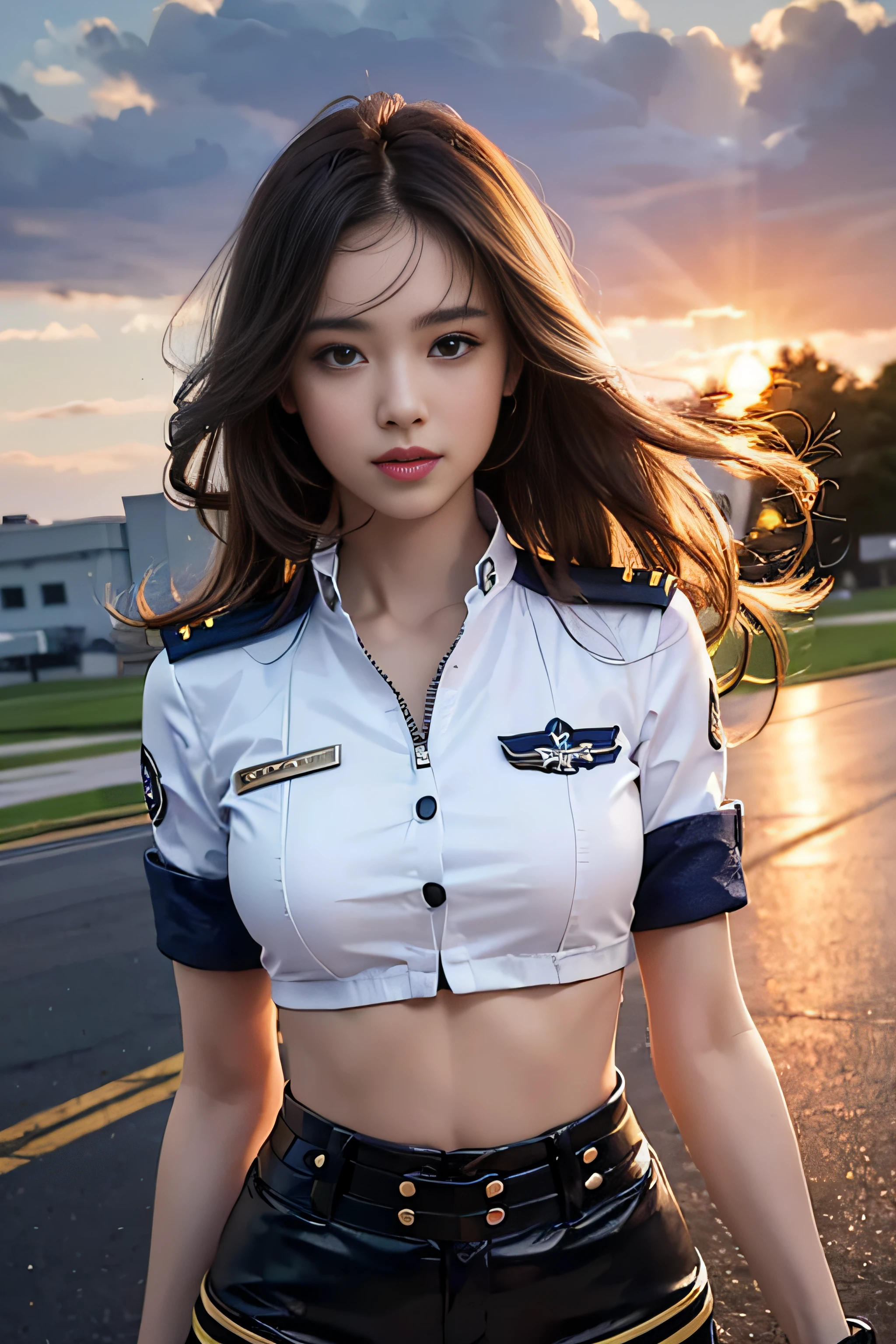 (Best quality, 8k, 32k, Masterpiece, UHD:1.2), (realistic:1.5), (masterpiece, Extremely detailed CG unity 8k wallpaper, best quality, highres:1.2), (ultra detailed, UHD:1.2), Photo of extremely cute and beautiful Japanese woman, (chestnut long wavy hair:1.2), adult, (detailed beautiful girl:1.4), best quality, woman, adult, (detailed US air-force pilot captain uniform:1.3), (white pilot captain shirt:1.3), (black high-waist shorts:1.3), (Beautiful sunset US air force base runway　view background:1.2), embarrassed laughing:1, looking at viewer, facing the viewer, ((perfect female body)), (narrow waist:1.2), (upper body image:1.3), slender, abs, (large breasted:1.25), frame the head, wind, dynamic pose, cinematic light, back light, detailed clothes, perfect anatomy, perfect proportion, detailed human body, stylish model pose,