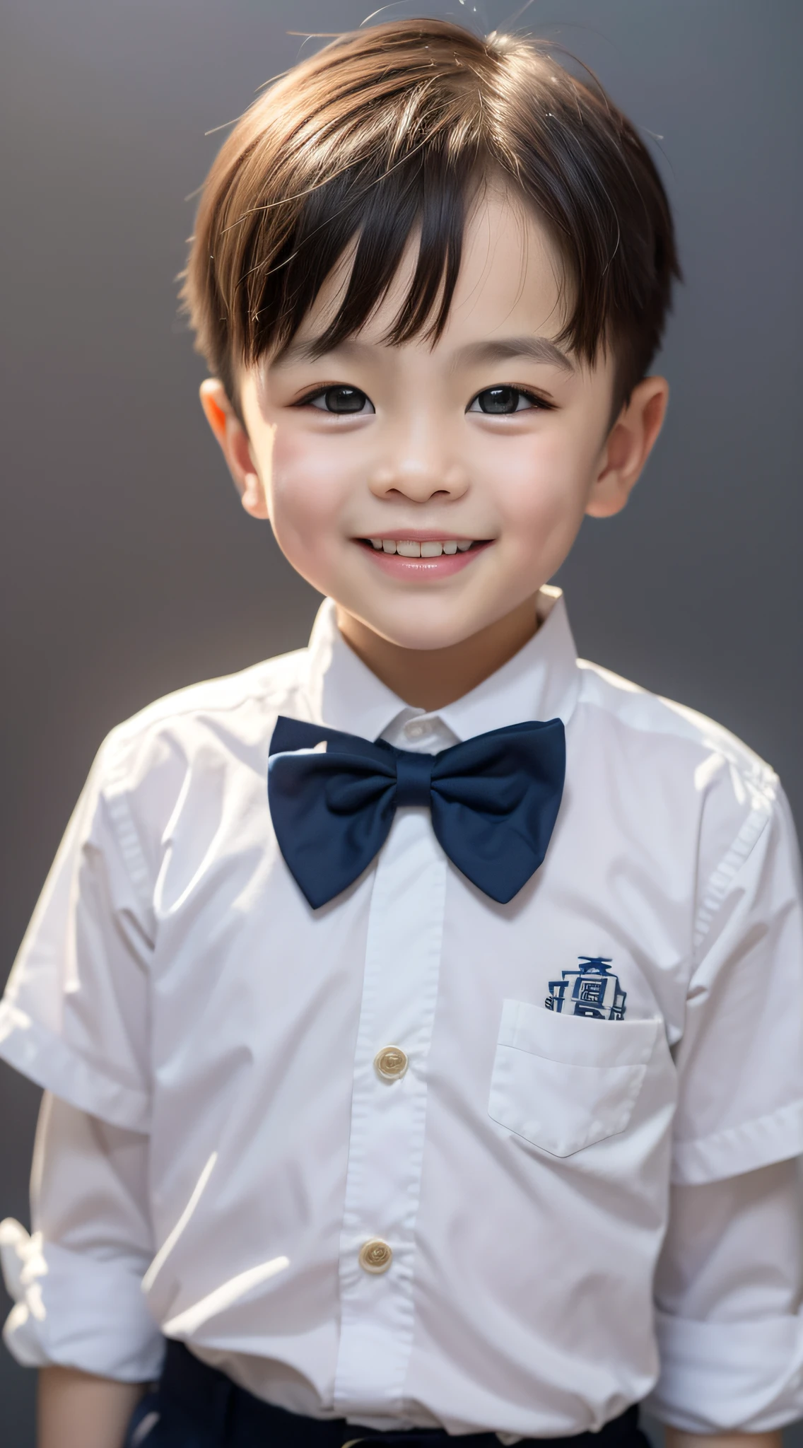 estilo moderno，Fondo blanco，niños chinos，elegante，niño sonriente，ojos oscuros，cabeza plana，corbata de moño，fondo interior，8K ultra claro，El tamaño de la imagen es 9.：16