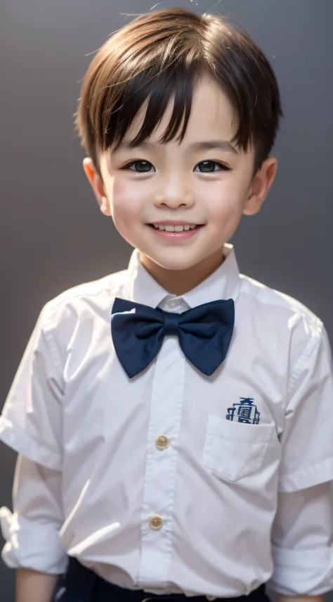 Modern style，White background，Chinese children，handsome，Smiling boy，Dark eyes，flathead，Bow tie，indoor background，8K Ultra Clear，...