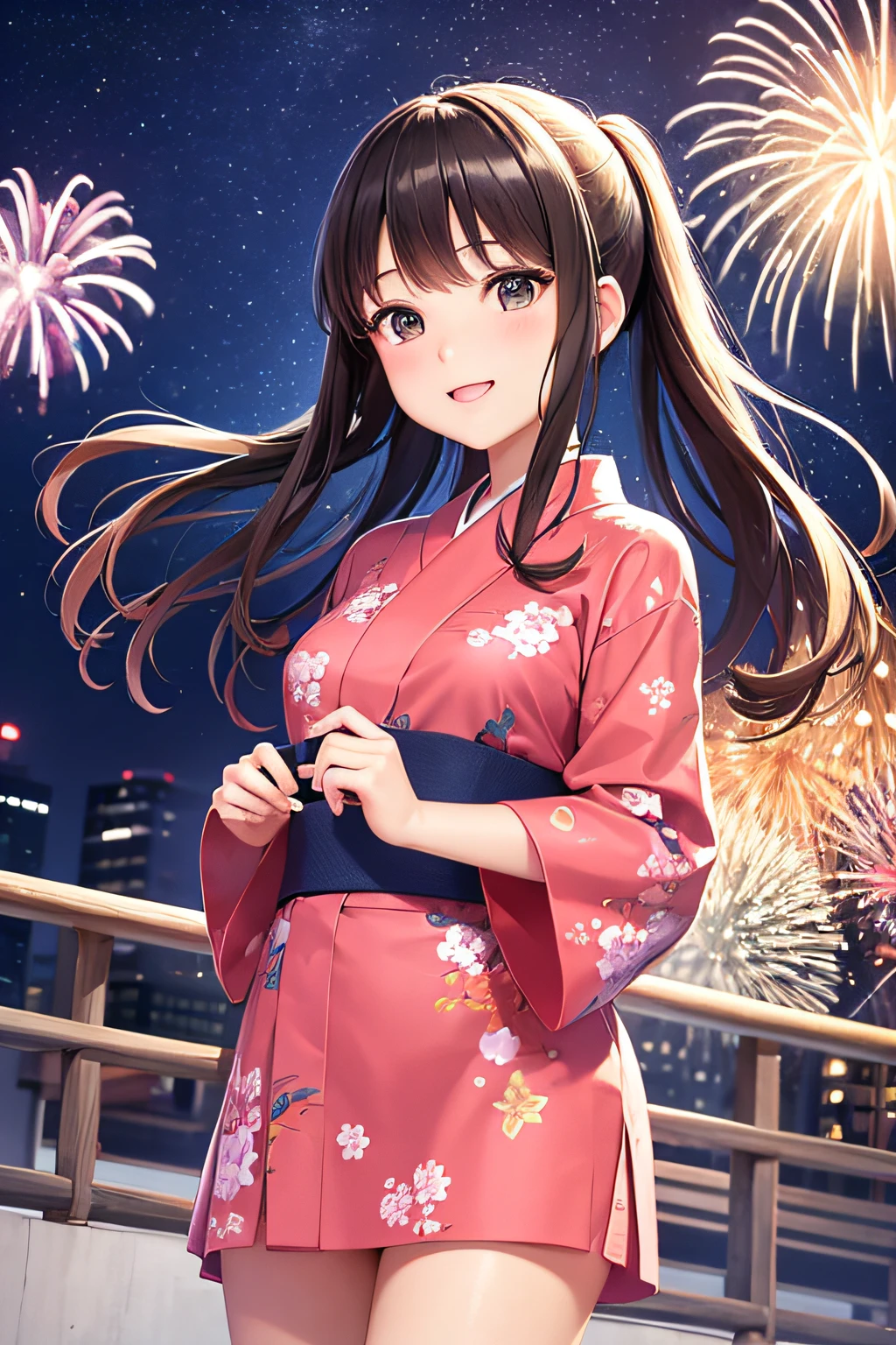 Dibuja bellas ilustraciones de la más alta calidad en carteles de fuegos artificiales.、La intensa luz de los fuegos artificiales se esparce en el hermoso cielo nocturno、Expresar el ambiente divertido y el bullicio del lugar.。chica en yukata