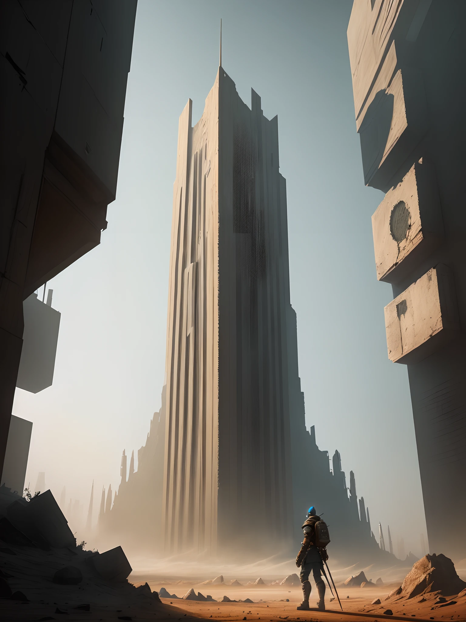 A man standing in front of a tall building in a desert - SeaArt AI