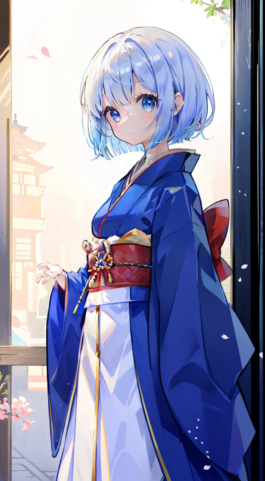 Standing Picture、full bodyesbian、cute little、bob cuts、blue hairs、light blue  eyes、A Japanese style、Straight face、Japanese style dress、Kimono Dresses、​masterpiece、top-quality、Top image quality、