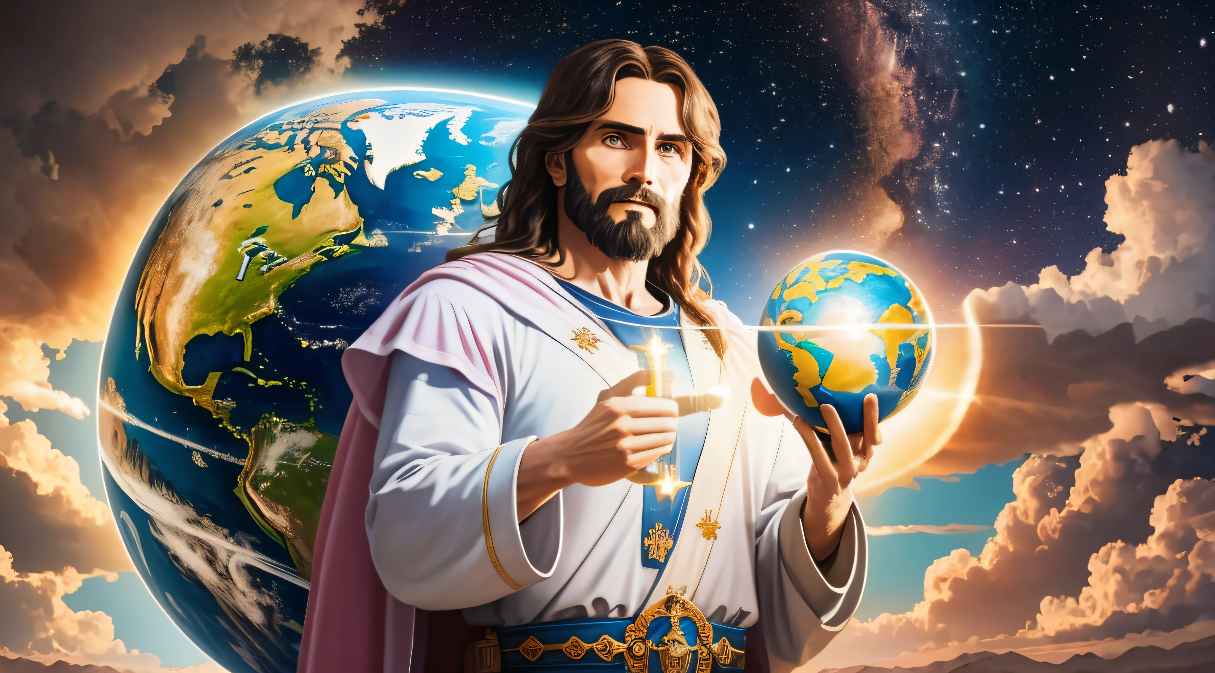 "Realistic 8k masterpiece with perfect anatomy: Jesus Christ holding planet Earth in one hand, with an undeformed face."