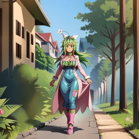 kanna blaster master, flora fauna, female,, huge chest, full clothed dress, walking, full body