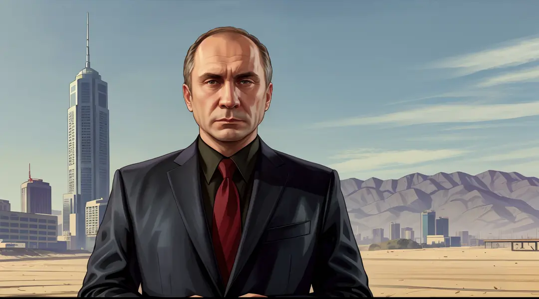 gtav loading screen 2d art, vladimir putin as gta5 character, cinematic composition, standing in front of a city, shaders, brigh...