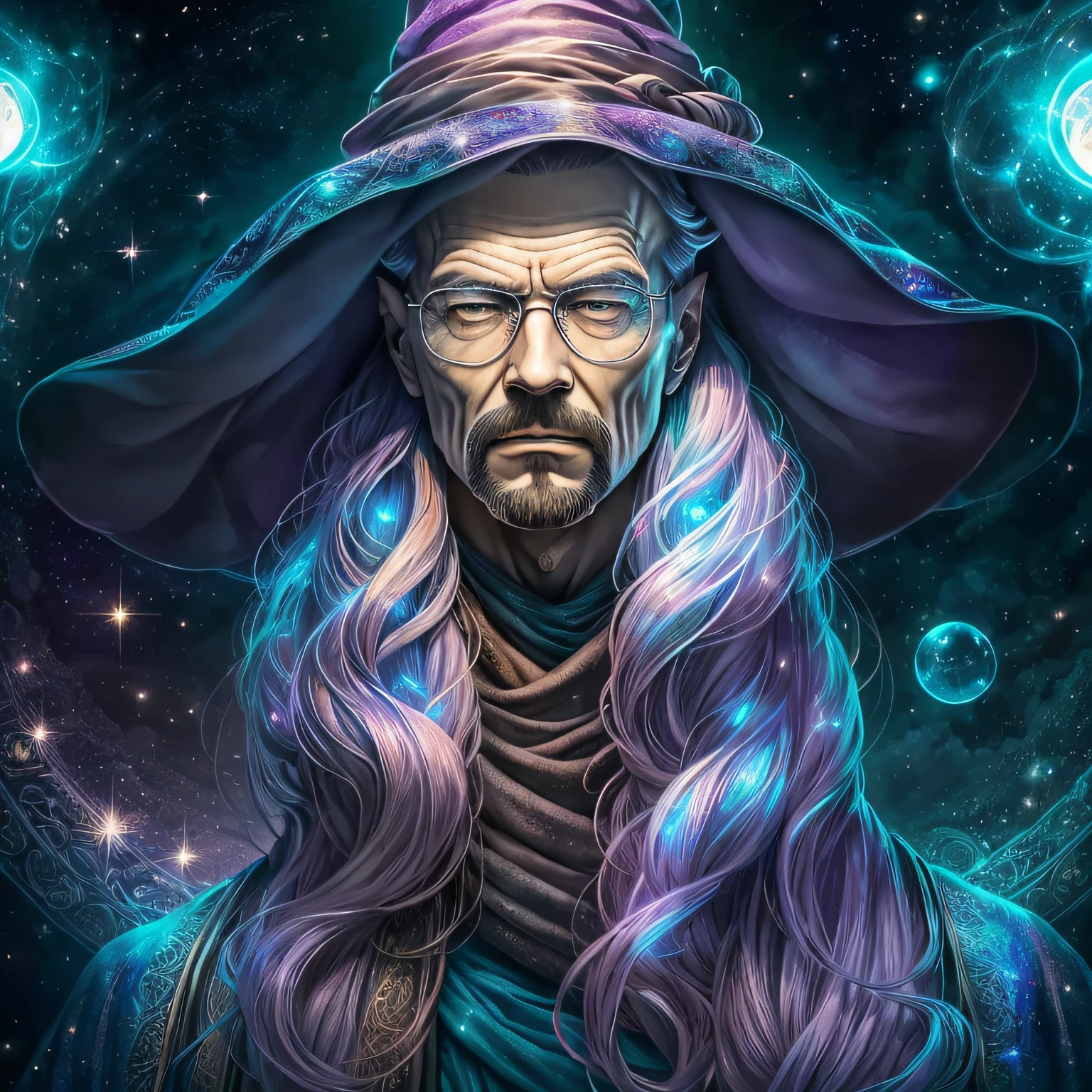 Walter White, (Masterpiece:1.2), (Best Quality), Detailed, uhd, cinematic lighthing, sharp focus, (illustration:1.1), intrikate, Old Wizard with long white hair and beard, wearing a wizard's robe and hat, pondering a bright blue crystal, in a dimly lit room, wizard's room, glittering lights, twinkling lights,  hyper realist, yellow eyes,