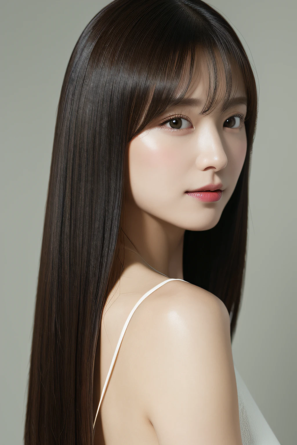 8k wallpaper、top-quality、​masterpiece、realisitic、Photorealsitic、middlebreast、profetional lighting、Angle from behind、Shot in natural light、super detailing、age 30s、Hairstyle is straight straight hair、Delicate skin type、Emphasizes the luster of hair、Look at viewers