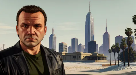 gtav loading screen 2d art, jaroslaw kaczynski as gta5 character, cinematic composition, standing in front of a city, shaders, b...