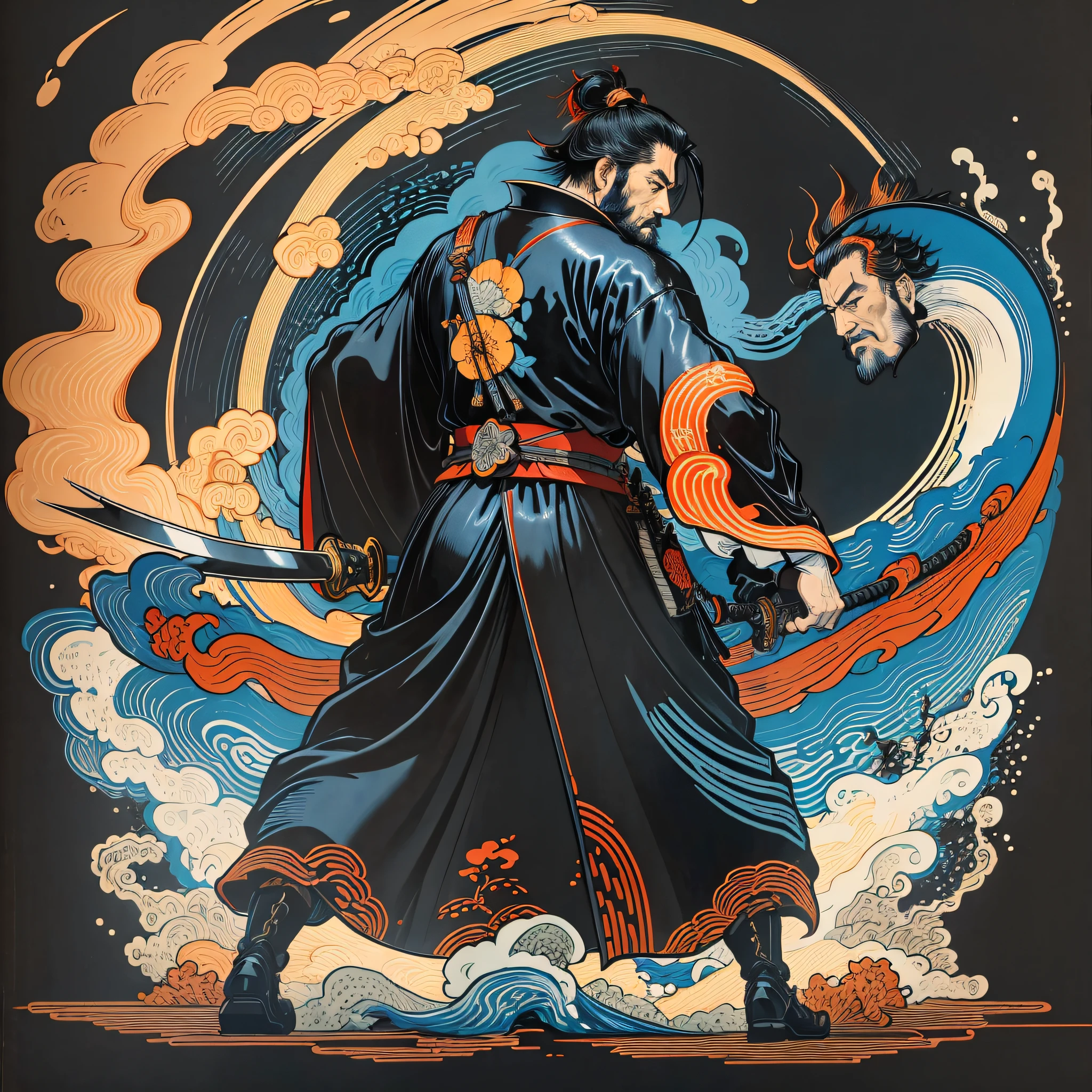 Es una pintura de cuerpo entero con colores naturales con dibujos lineales al estilo Katsushika Hokusai.. El espadachín Miyamoto Musashi tiene un cuerpo grande como el de un hombre fuerte.. Samurái de Japón. Tiene una expresión digna., mas viril, de determinación, pelo negro corto y barba corta y recortada. La parte superior de su cuerpo está cubierta por un kimono negro y su hakama llega hasta las rodillas.. en su mano derecha, él sostiene una espada japonesa con una parte más larga. En la más alta calidad, en alta resolución, estilo ukiyo-e, relámpagos y llamas giratorias de la obra maestra.. Miyamoto Musashi está de pie con la cara y el cuerpo mirando hacia adelante., hacia atrás. Crea la imagen en 16 relaciones de aspecto.:9. Pon al samurái en el centro y crea nuevos conceptos.. al mismo tiempo ser minimalista