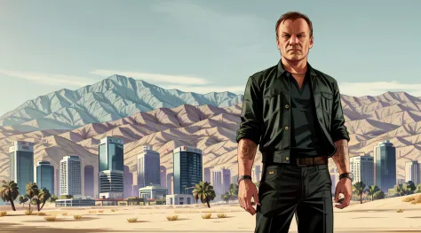 gtav loading screen 2d art, donald tusk as gta5 character, cinematic composition, standing in front of a city, shaders, bright c...